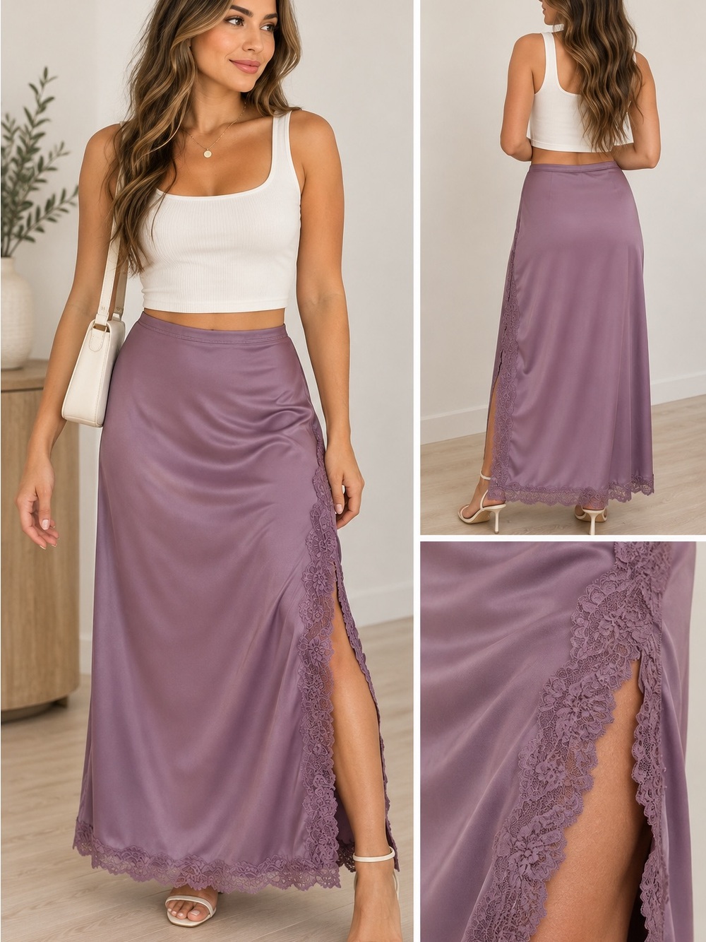 wild fable Lavender Lace-Trim Satin Maxi Skirt